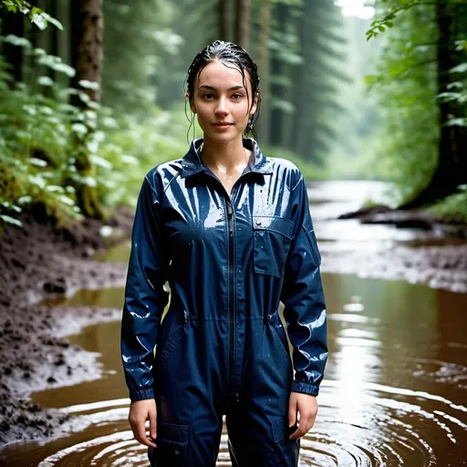 Prompt: photo of young woman, soaking wet clothes, dark blue cotton utility boilersuit, dark blue cotton utility boilersuit, dark blue cotton utility boilersuit,  , swimming deep in a deep lake of liquid mud in the forest,   enjoying, water dripping from clothes, clothes stuck to body,  detailed textures of the wet fabric, wet face, wet plastered hair,  wet, drenched, professional, high-quality details, full body view 