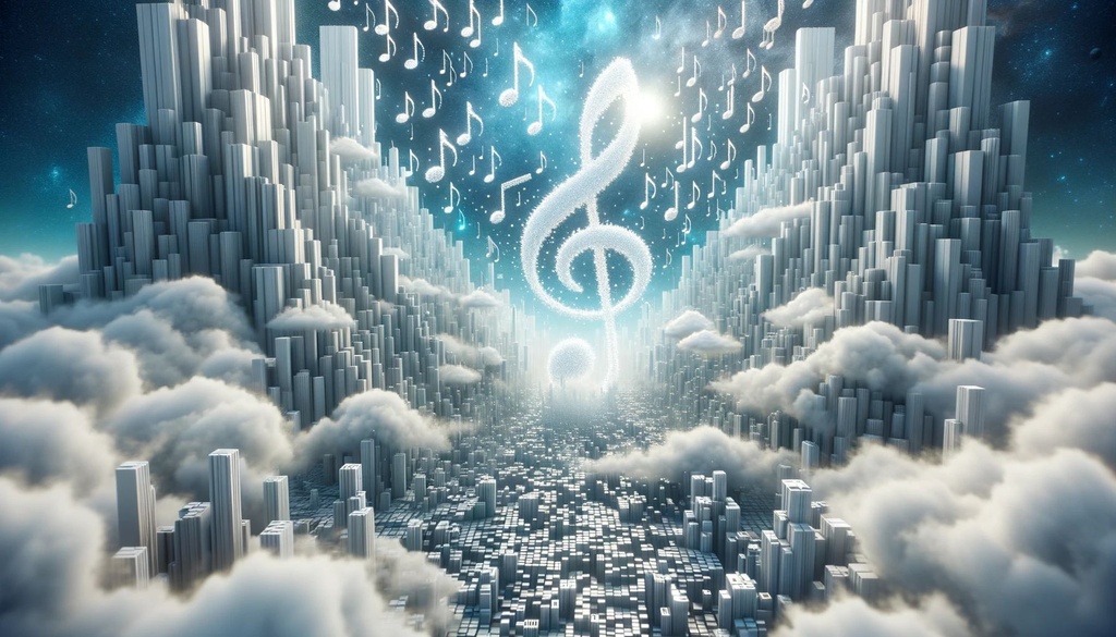 Prompt: 3D render of a heavenly cityscape set in the future where buildings are constructed from solid musical notes. As the notes reach the sky, they dissolve into ethereal particles, blending with clouds and radiating a divine glow.