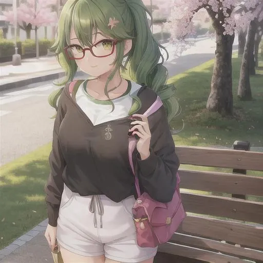 Prompt: Cute girl, green hair, wavy hair, black glasses, Boba tea(drink(straight lines)), casual outfit, standing, girlfriend, infront of bench, cherry blossom tree, cherry blossoms in wind, sweaty, sweatshirt, best quality, high quality, 8k, alone, park, purse on hip, slight smile, no teeth