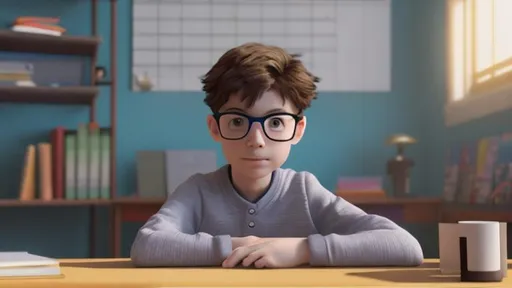 Prompt: Cgi generated boy with glasses sitting at a desk in his bedroom looking forward.