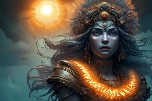 Prompt: goddess of the sun hyper detailed extremely realistic dark cinematic UHD in the style of Steve Argyle 