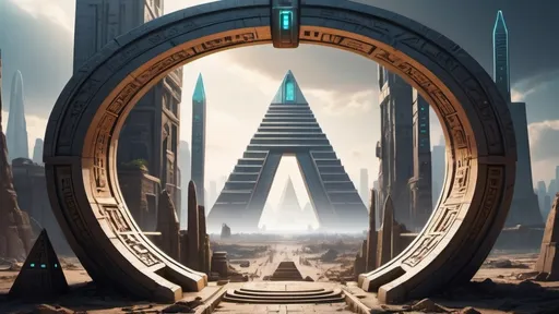 Prompt: small circular portal, gateway between cities realms worlds kingdoms, ring standing on edge, freestanding ring, hieroglyphs on ring, complete ring, obelisks, pyramids, futuristic towers, city plaza, panoramic view, futuristic cyberpunk dystopian setting