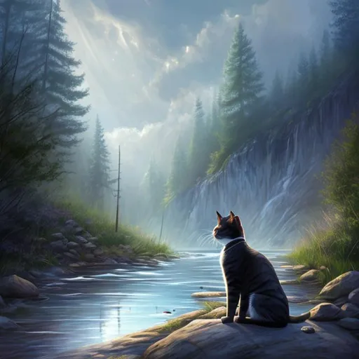 Prompt: emotional cat setting by a river mourning dramatic lighting full body full portrait far away digital drawing