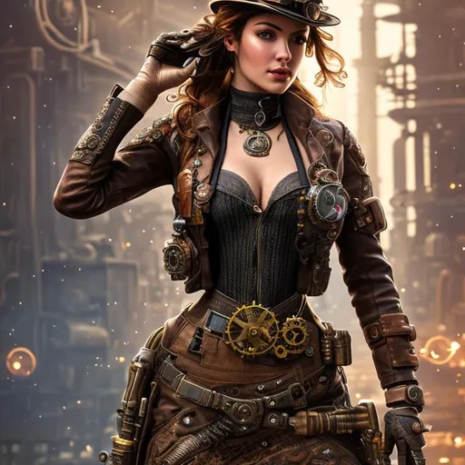 steampunk female machinist, mechanical, excited, ski...