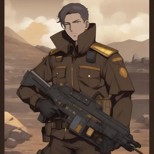 Prompt: From distance. Whole body. Full figure. a Nod soldier from Tiberian Sun. Dark brown uniform with golden details. He wields a laser rifle. In background an ore mine. Anime art. Rpg. Anime style. Akira art. 2d art. 2d. Well draw face. Detailed. Whole figure. Full body. 