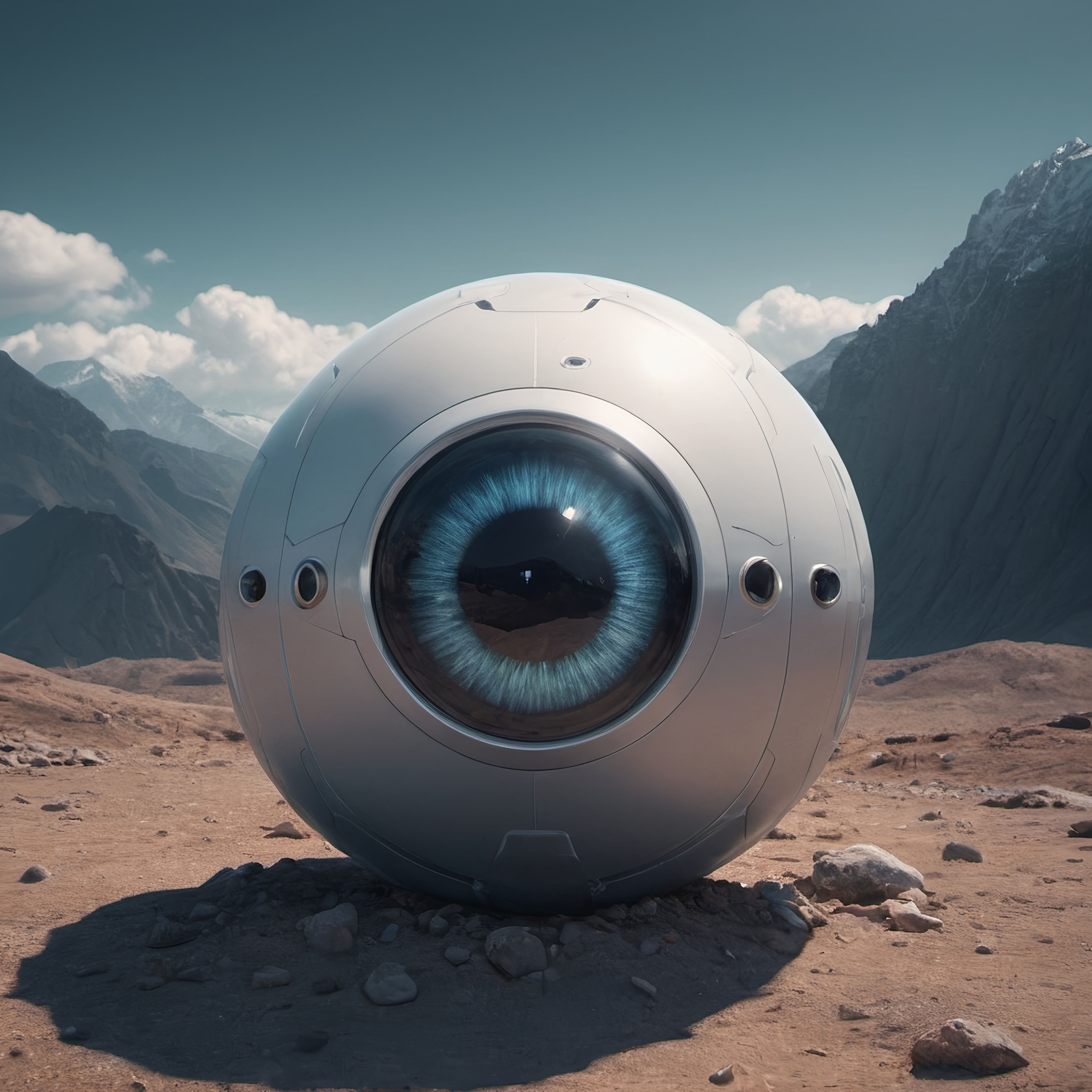 Prompt: a strange looking art object with a big eye in the desert with mountains in the background