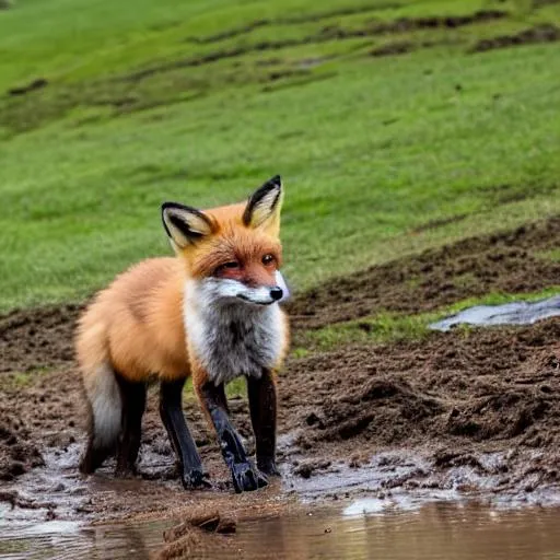 Prompt: fox playing in mud