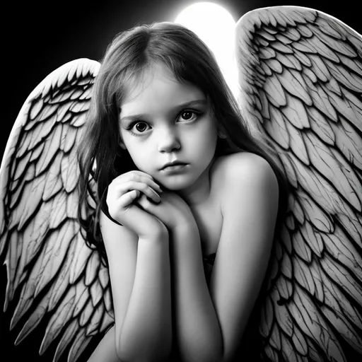 Prompt: a fallen angel girl in black and white