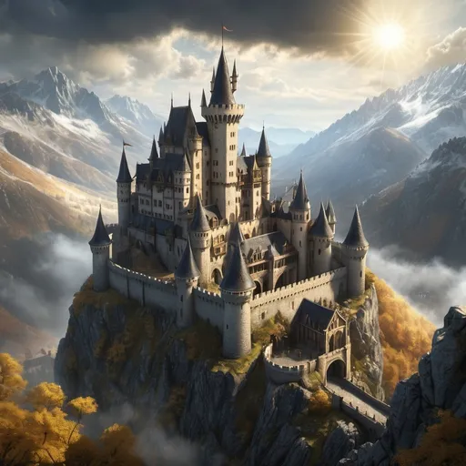 Prompt: Warhammer fantasy RPG style top view of a castle in the mountains surrounded by light clouds, sunny day, medieval architecture, weathered stone walls, intricate gothic details, high resolution, detailed, dark fantasy, atmospheric lighting, foggy ambiance, gothic, medieval, detailed stonework, bustling, mysterious, light yellow tones, sun shining, top view, flying dragon in distance