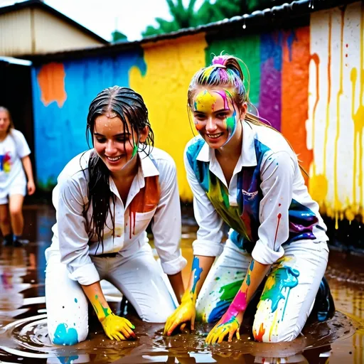 Prompt: photo of young woman, soaking wet clothes, white shirt, white jeans, white shoes,  , two girls covered in colorful paint gunge and muddy dirty in puddle,   enjoying, water dripping from clothes, clothes stuck to body,  detailed textures of the wet fabric, wet face, wet plastered hair,  wet, drenched, professional, high-quality details, full body view 