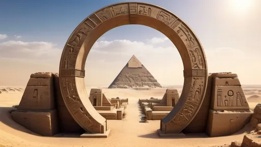 Prompt: circular portal, gateway between cities realms worlds kingdoms, ring standing on edge, freestanding ring, hieroglyphs on ring, complete ring, obelisks, egyptian architecture, panoramic view