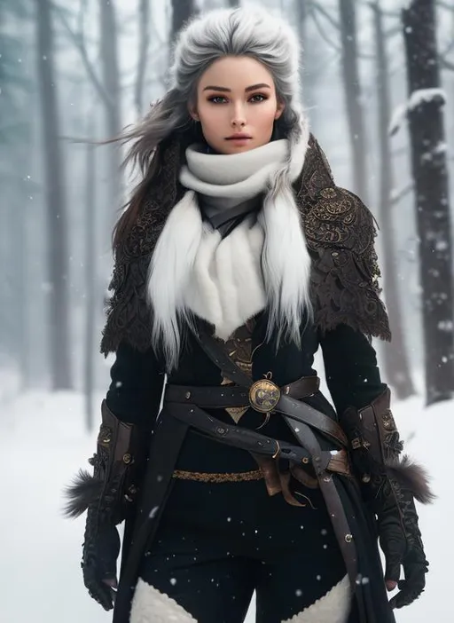 Prompt: 8K Ultra HD, rogue, female, wide angle, forest, fantasy, intricate, elegant, highly detailed, octane render,, sharp focus,  multilayered outfit, intricate detail, wook scarf, belts and pouches, gear, the hair is short, and the hair is white like a snow, her beautiful face like norway race,