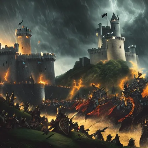 Prompt: A storm brewing behind a castle with knights battling in front with a dragon rising from the moat
