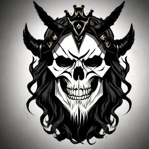 Prompt: Create a logo of a skull, with long hair and a beard, wearing a king's crown. Give it a demon feel.