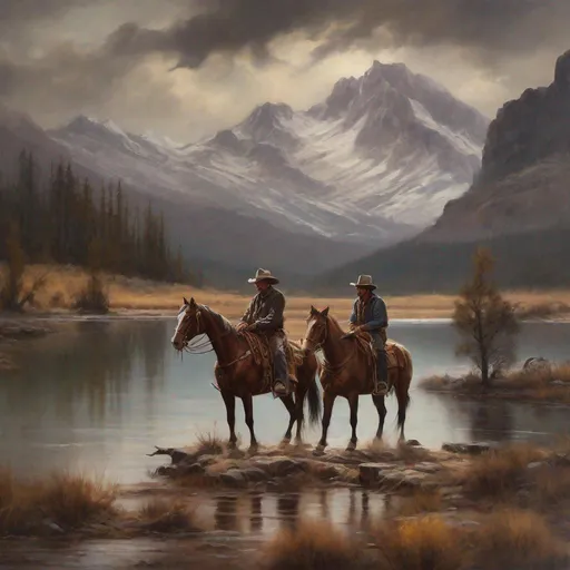 Prompt: Two cowboys riding horses near a lake with a snowy mountain in the background, westernpunk, oil painting, rugged terrain, vintage cowboy hats, dusty atmosphere, dramatic lighting, high quality, detailed horses, scenic landscape, wild west vibes, rustic color palette, atmospheric clouds, detailed boots