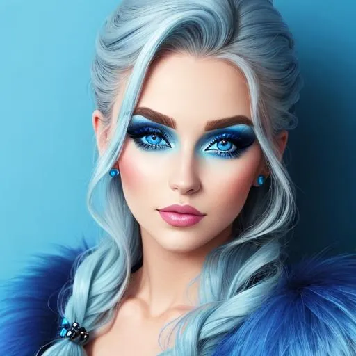 Prompt: A woman all in blue, blue eyes, pretty makeup