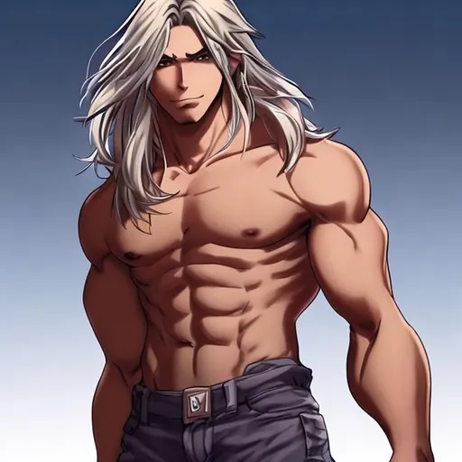 Rude looking muscular buff Brown haired anime guy wearing performance gear  with a defined 6 pack muscular arms