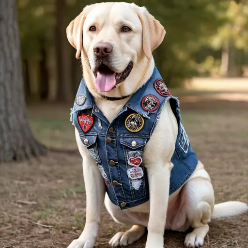 Prompt: labrador retriever wearing a heavy metal music denim vest with patches