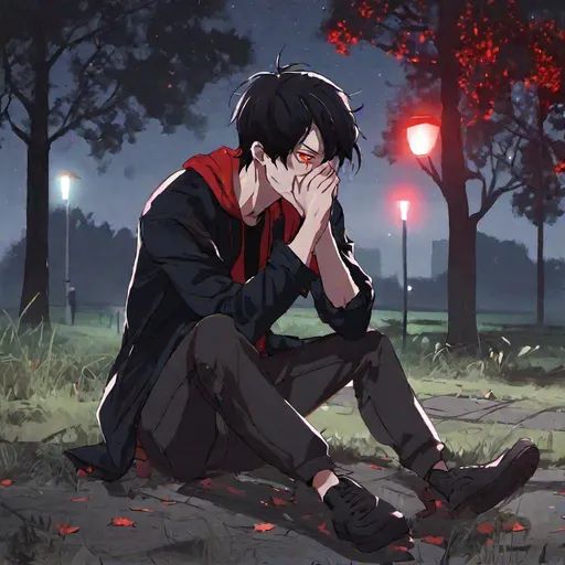 Prompt: Damien (male, short black hair, red eyes) in the park at night, casual outfit, dark out, nighttime, midnight, on his knees, screaming in pain, hands on his head