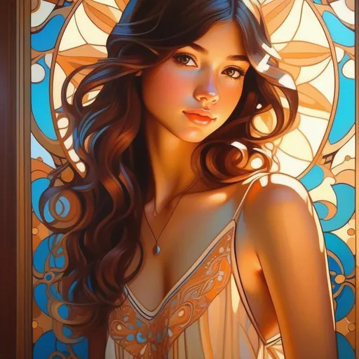 Prompt: Upper body portrait of Cute girl, 18 years old, brown long hair, tan skin, sundress, intricate, detailed face. by Ilya Kuvshinov and Alphonse Mucha. Dreamy, sparkles