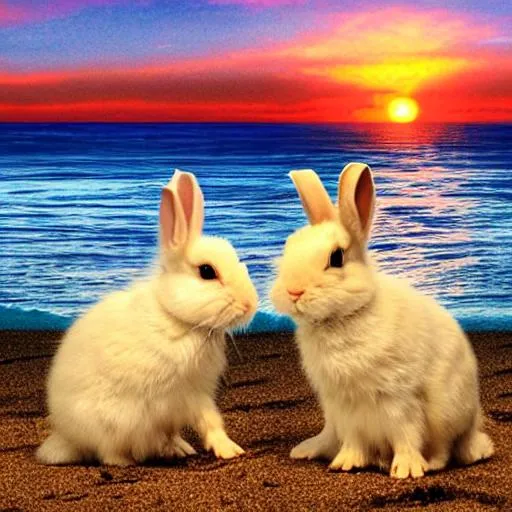 Prompt: pretty  baby rabbits with a sunset on a beach