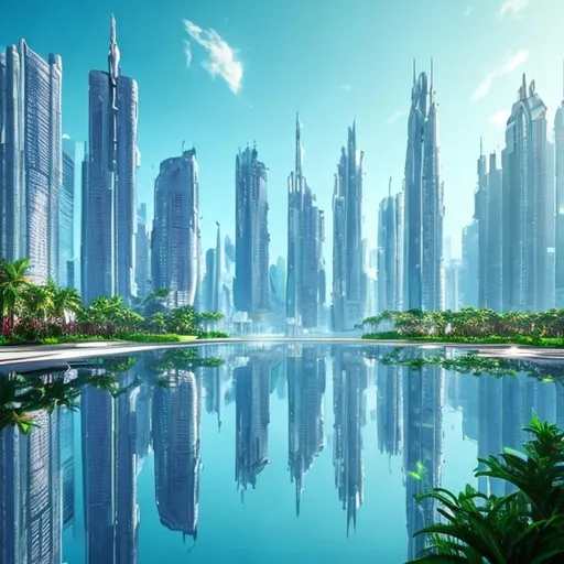 Prompt: Futuristic City White tall skyscrapers overgrown lush green plants reflection pool light blue sky with hover ships flying
