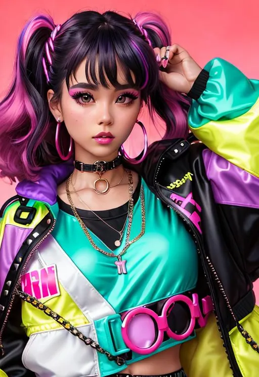 Prompt: a close up of a person with a chain around their neck, (((neon palette))), tsuaii, 80s hair, by Sophia Beale, wearing jacket, trending on artstaton, skydoll noa, by Cicely Hey, multi colored, trending on artstatio, by Melissa Benson, punk, portrait drawing