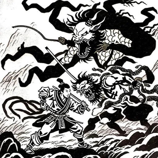 Prompt: A samurai fighting of demons in a black and white land.