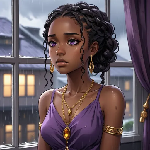 Prompt: anime anime black woman with wavy black hair in a braid, amber eyes, dark skin, in a purple dress, gold jewelry, looking out a rainy window, somber, in the style of anime, 