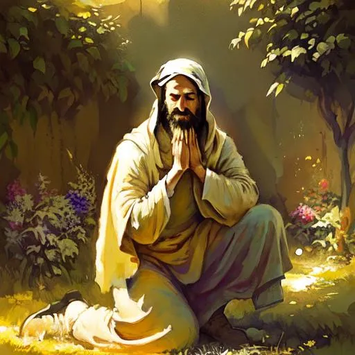 Prompt: Yeshua praying to the Father in the garden of gesthsemane