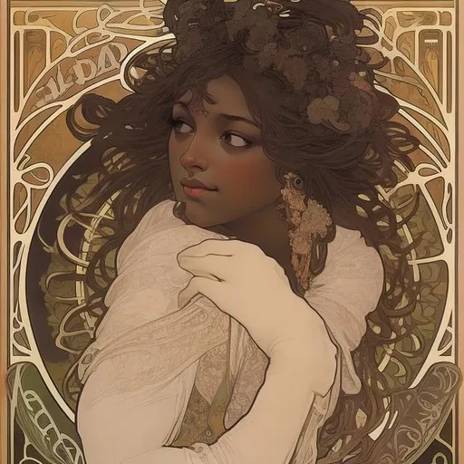 Prompt: detailed, ornate, ethereal, Alphonse Mucha, dark skinned women