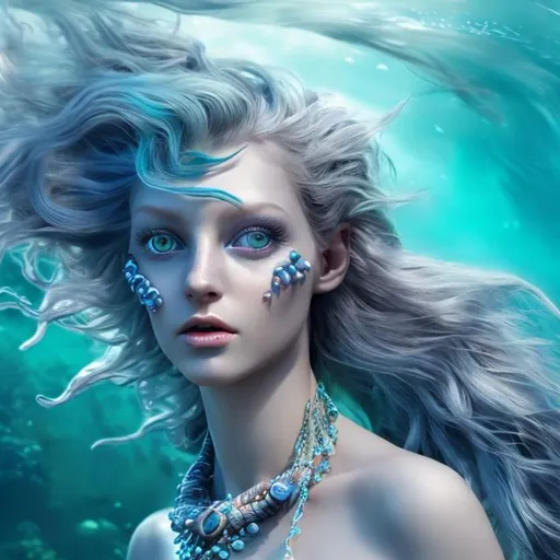 Prompt: HD 4k 3D professional modeling photo hyper realistic beautiful enchanting sea witch woman grey hair fair skin blue eyes gorgeous face black mermaid tail and shell necklace magical underwater landscape hd background ethereal mystical mysterious beauty full body