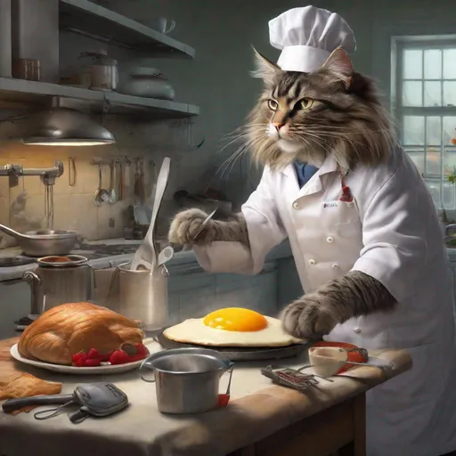 Prompt: A photorealistic image of maine coone cat helping a mad scientist to cook breakfast.  The cat has opposable thumbs