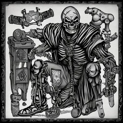 Prompt: skeleton, kneeling, jester, game controller, black and white, jester cap