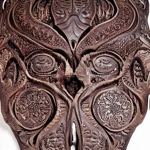 Prompt: an intricate carved leather design with mixed elements of horror and love