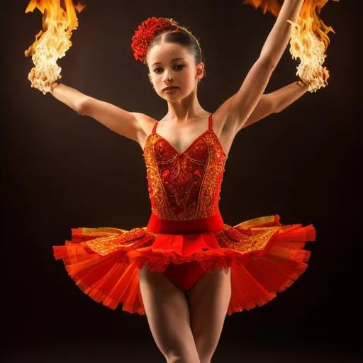 Prompt: Gorgeous ballerina girl dancing in fire, concept art, mid shot, intricately detailed, color depth, cinematic, oil painting, intricate detailed