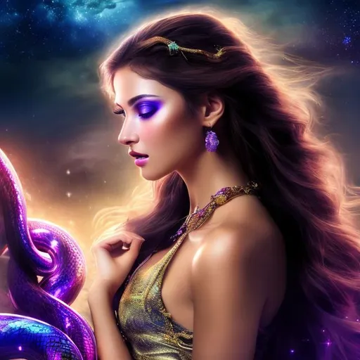 Prompt: HD 4k 3D 8k professional modeling photo hyper realistic beautiful woman ethereal greek goddess of fate and destiny
gold hair brown eyes gorgeous face brown skin purple shimmering dress jewelry half snake body serpent tattoo surrounded by magical glowing starlight hd landscape background of enchanting mystical cosmos