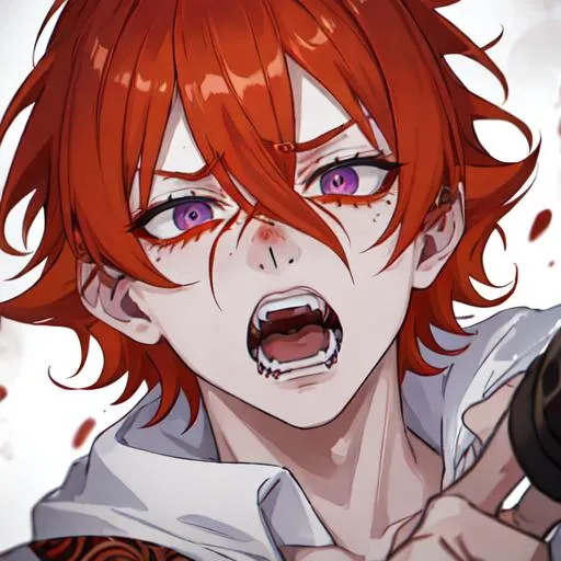 Prompt: Erikku male adult (short ginger hair, freckles, right eye blue left eye purple) UHD, 8K, Highly detailed, insane detail, best quality, high quality, covered in blood, covering his face with his hand, wide eyes, insane, fear, threatening, laughing, angry, fighting, psychopathic, anime style, pointing a knife at the viewer