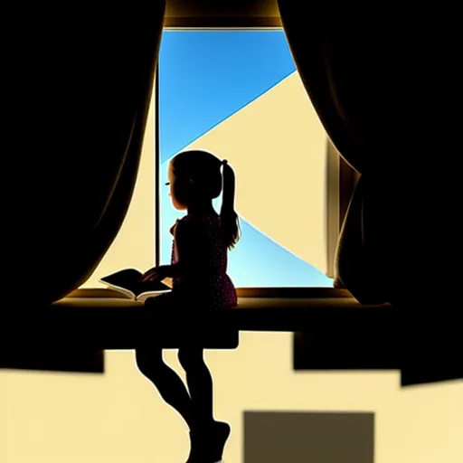 Prompt:  A girl sitting  sitting in window, reading a book. looking at the window. 3d effect, soft picture, natural light.