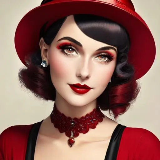 Prompt: a pretty girl  dressed in red, wearing a  large red hat 1920's era, bob hair cut, 1950's era makeup, facial closeup
