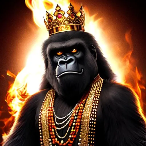 Prompt: King kong in an indian dress looking towards the camera , NFT , realistic , portrait , cigar in mouth , dark black background 