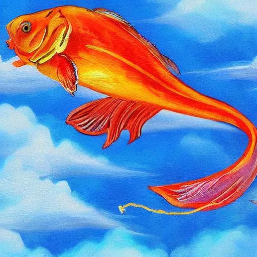 Prompt: Fish with wings flying among clouds painting style high quality