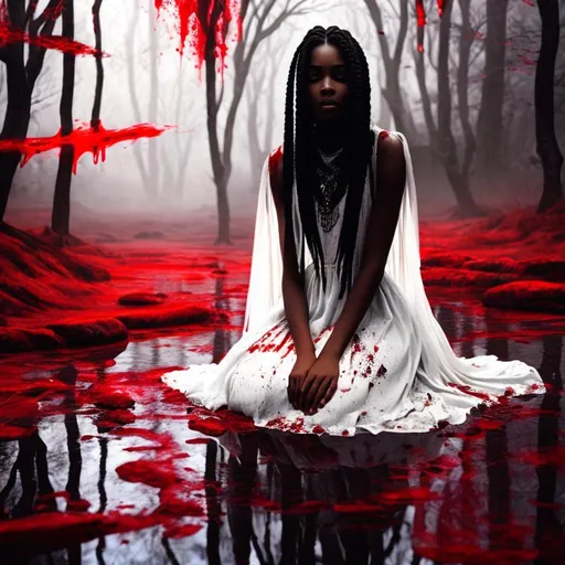 Prompt: Beautiful black Woman blood braids wearing blood-stained white dress, sitting in a puddle of blood, crying ,sad, in a blood bleeding forest background,natural lighting, hyper detailed 

