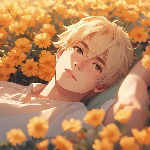 Prompt: close up shot, anime, boy, lying in a bed of flowers, headshot, deliriously happy, golden hour, dreamy filter, blond