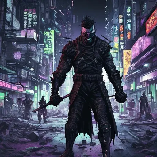Prompt: Original villain.  Brawn. Sinister. Unique.. quirky. Magic. Axe. Very Dark image with lots of shadows. Background partially destroyed neo Tokyo. Noir anime. Gritty. Dirty. Black with random neon accents. Holographic armour. Bionic enhancements. Scars. Decay