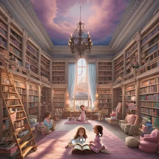 Prompt: breathtaking pastel sky enveloping a grand, cozy library, with a young girl engrossed in her world of books and imagination.