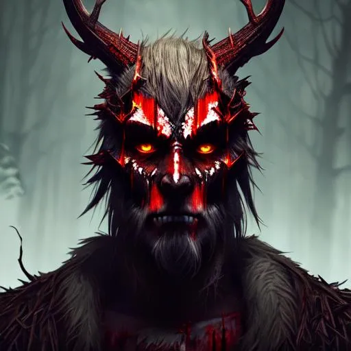 Prompt: Wendigo, fantasy art, illustration, dark fantasy, epic, fantasy, intricate, hyper-detailed, scary, blood dripping, bloodthirsty gore, highly detailed facial features, highly detailed body, chiseled features, artstation, concept art, smooth, sharp focus, ray tracing, vibrant, photorealistic