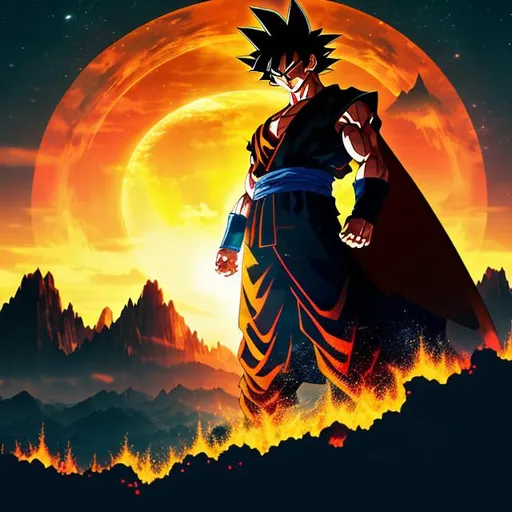 Prompt: High quality illustration of Goku, dark palette colors,  amazing digital art, Goku silhouette in middle, high definition,8k, sharp focus, dragon , beautiful landscape, artsation, light exposure, midjourney style, modern