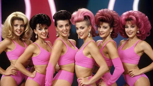 Prompt: Early 90s happy fun French morning tv show with full on aerobic dancing pop stars with big shoulder pads and big French bouffant hairstyles dressed in garish dated 90s colors.