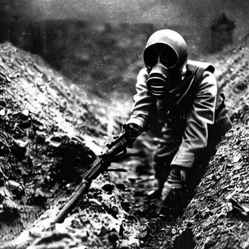 Prompt: Soldier wearing gas mask aiming his rifle out of a trench